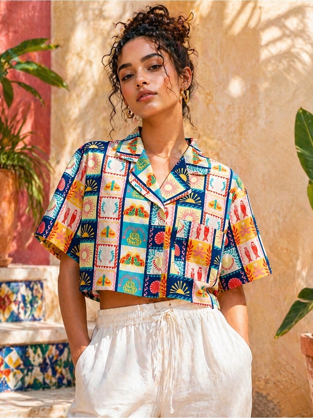 NWOT Cynthia Rowley Women’s Cropped Patchwork Button Up Shirt Colorful Large - Picture 1 of 8